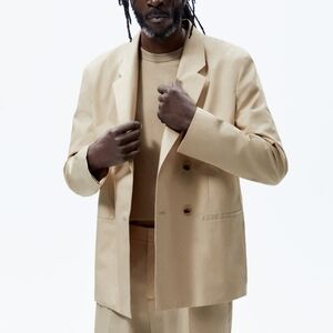 ZARA POPLIN SUIT JACKET SS22 double breasted 4626/076 size 36 taupe brown